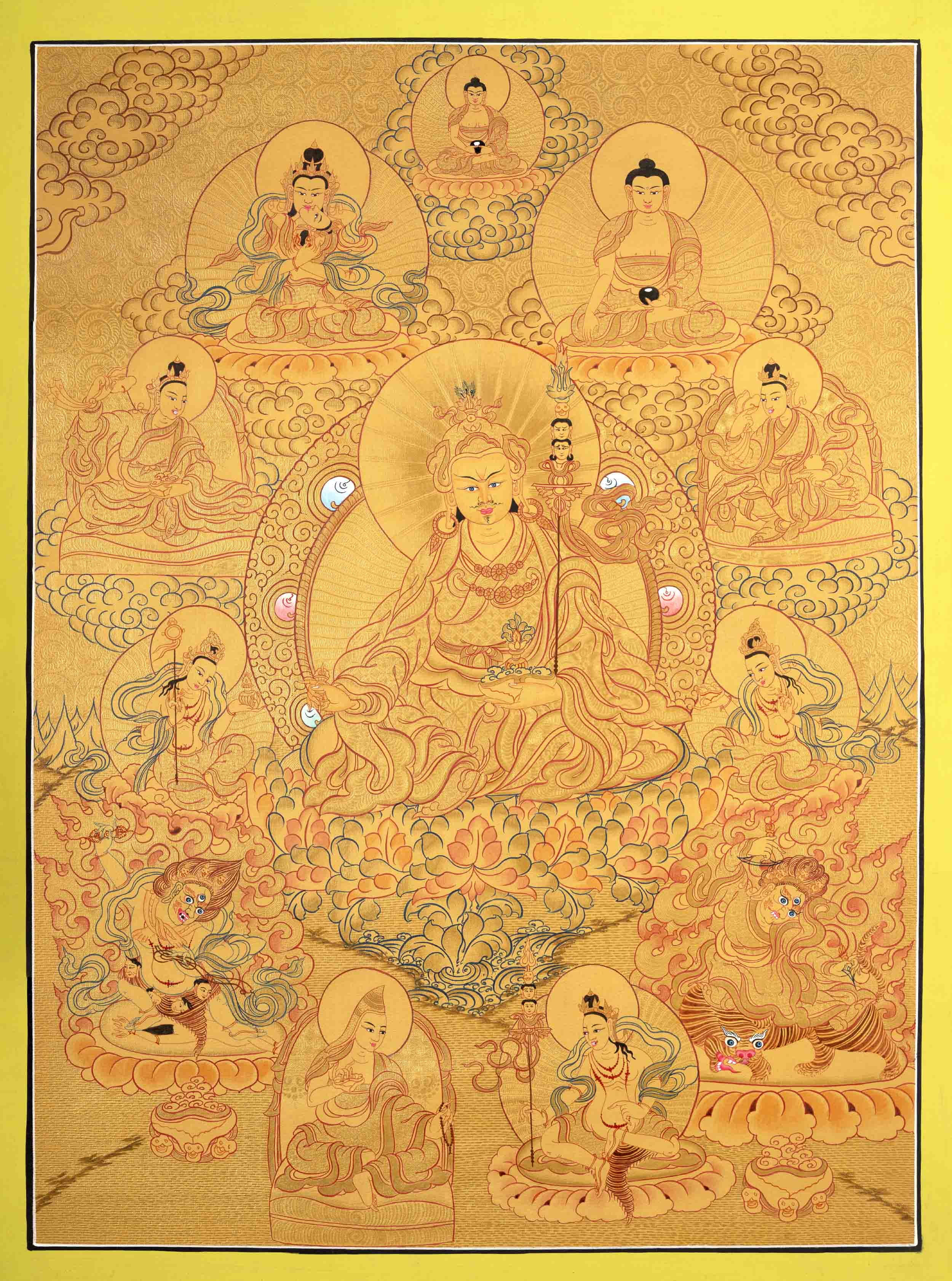 Guru Rinpoche Padmasambhava lotus born and his eight Manifestations | 24K Gold Style Original Hand Painted Thangka